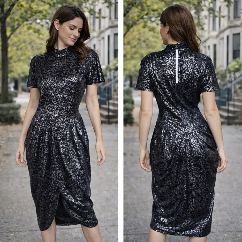 Vintage 70s Harem Draped Disco Dress Black Silver Dots